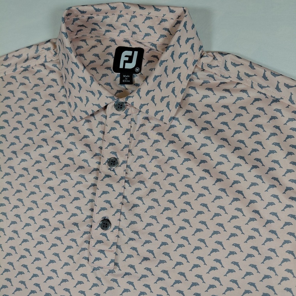Footjoy‎ FJ Mens Golf Polo Shirt M Pink Dolphin Print Short Sleeve Collared